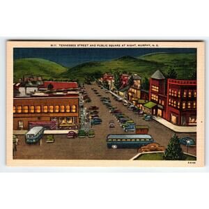 Vintage Linen Postcard Tennessee Street & Public Square Night Murphy NC